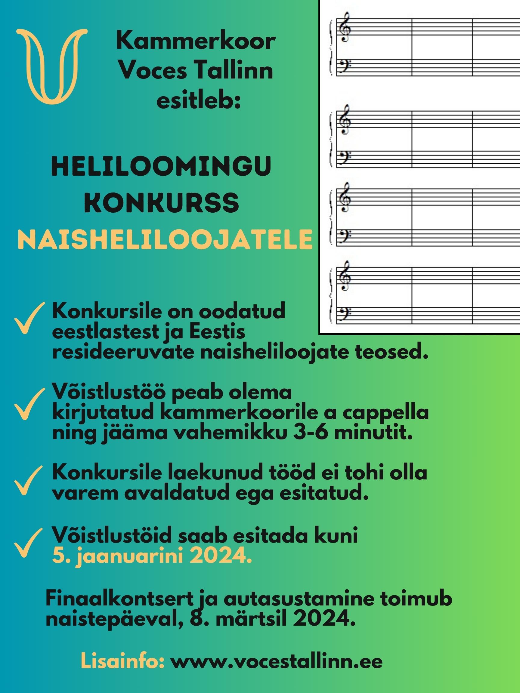 Kammerkoor Voces Tallinn kuulutab välja heliloomingu konkursi naisheliloojatele